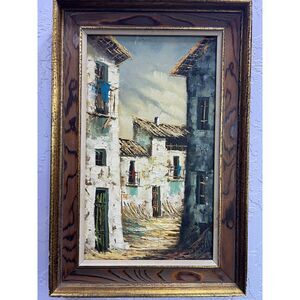 Vintage Teves Oil Painting on Canvas Depicting A Spanish Town Courtyard